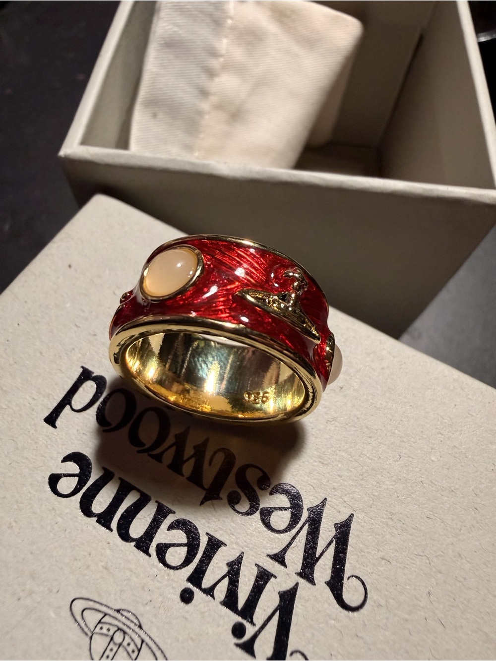 Vivienne Westwood Gold tone Red Enamel Orb Ring US 8